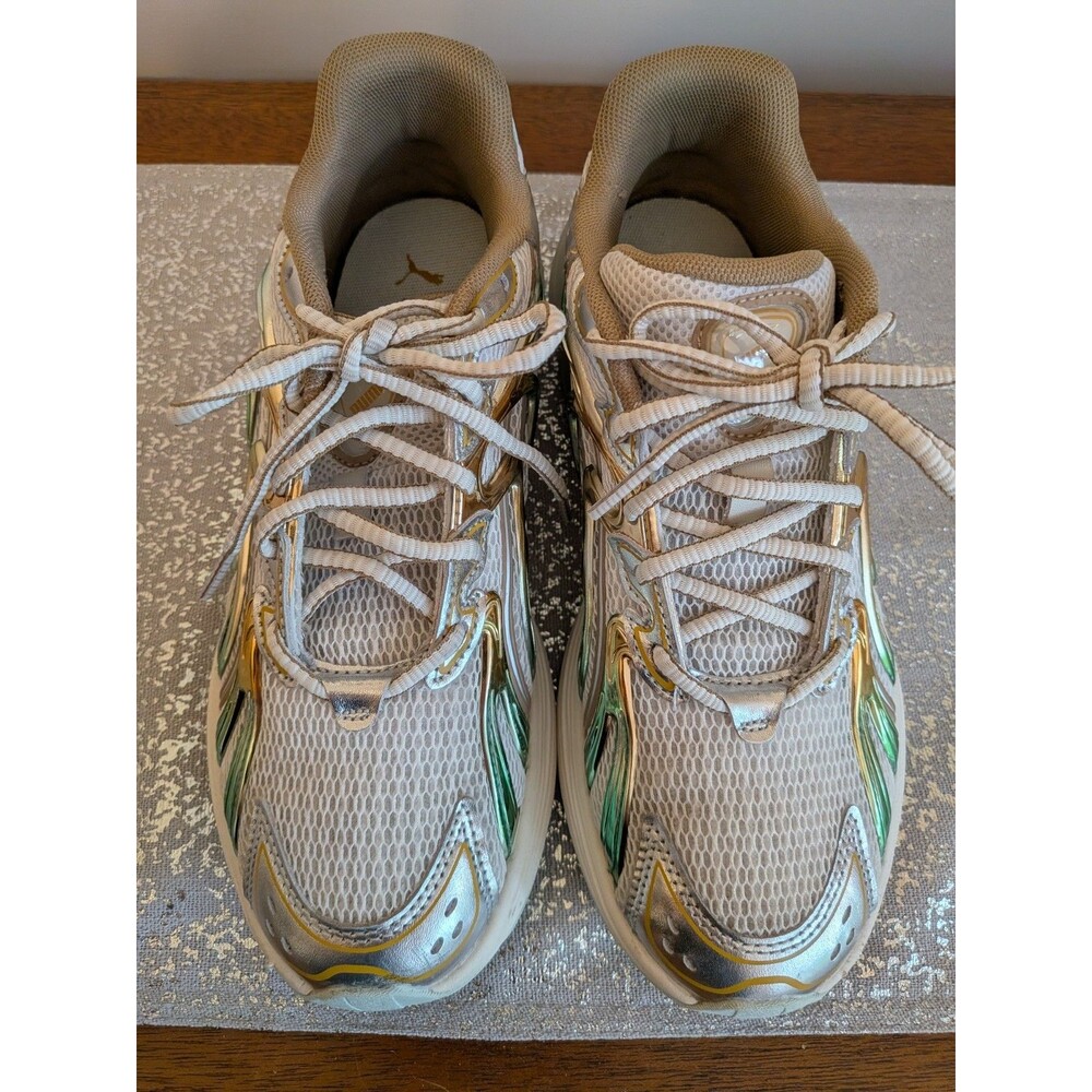 PUMA Inverse Shimmer Sneakers Womans Size 8 US White Green Gold Metallic Runners - Picture 2 of 12